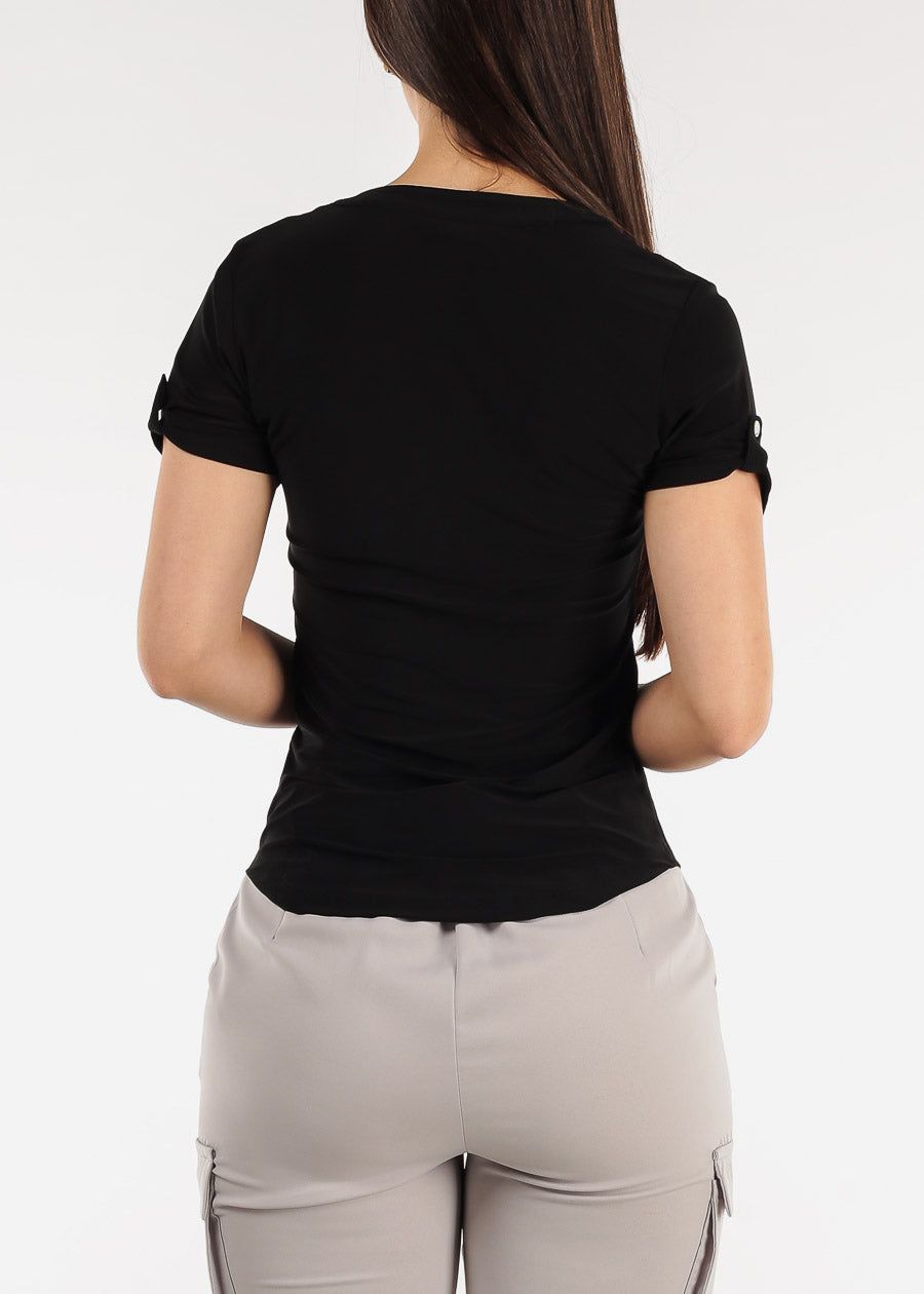Black Short Sleeve Half Button Up Blouse sold by Moda product image thumbnail 4