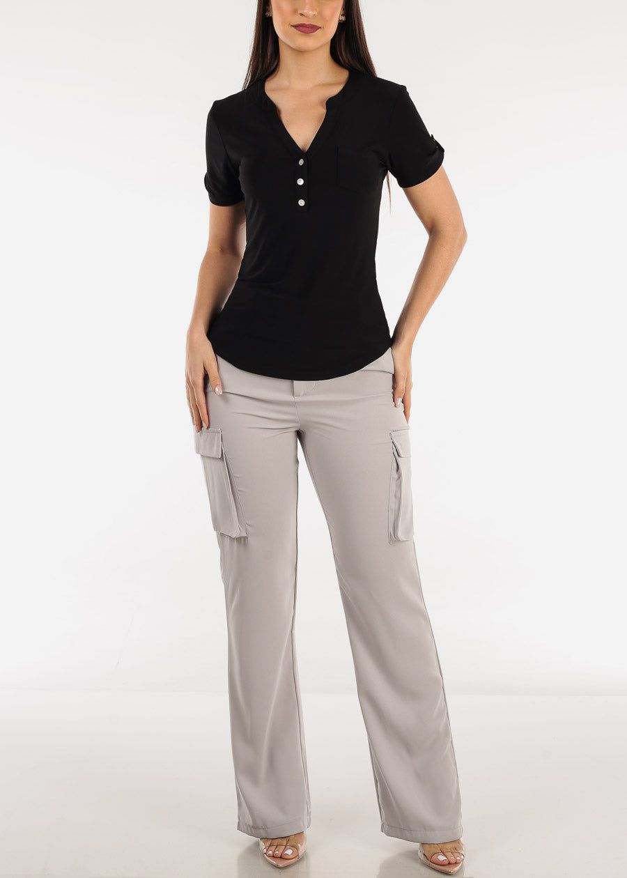 Black Short Sleeve Half Button Up Blouse sold by Moda product image thumbnail 2
