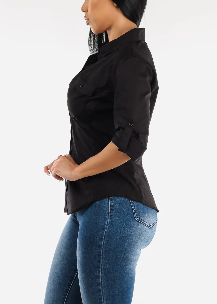 Quarter Sleeve Button Up Shirt Black w Contrast Panel sold by Moda product image thumbnail 3