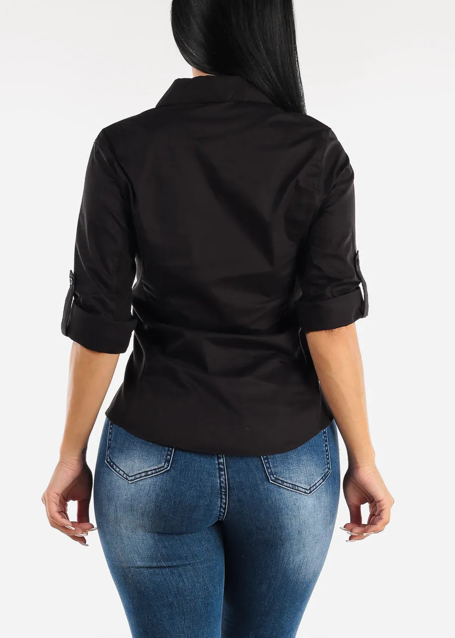 Quarter Sleeve Button Up Shirt Black w Contrast Panel sold by Moda product image thumbnail 4