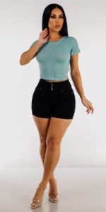 Black Butt Lifting Denim Shorts with Aqua Short Sleeve Crop Top sold by Moda