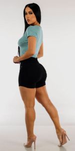 Black Butt Lifting Denim Shorts with Aqua Short Sleeve Crop Top sold by Moda