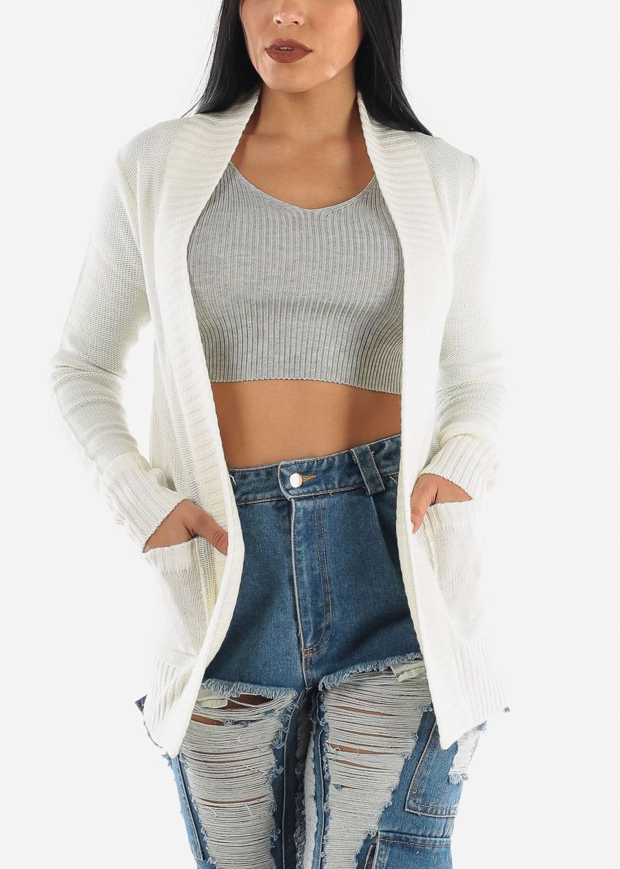 White Open Front Pocket Cardigan sold by Moda