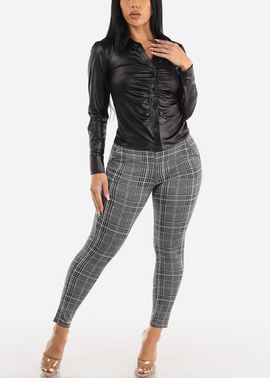 Black Faux Leather Long Sleeve Button Down Ruched Blouse sold by Moda product image thumbnail 2