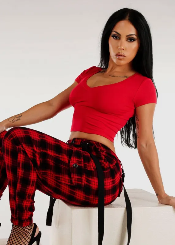 Ribbed Vneck Short Sleeve Crop Top Red sold by Moda