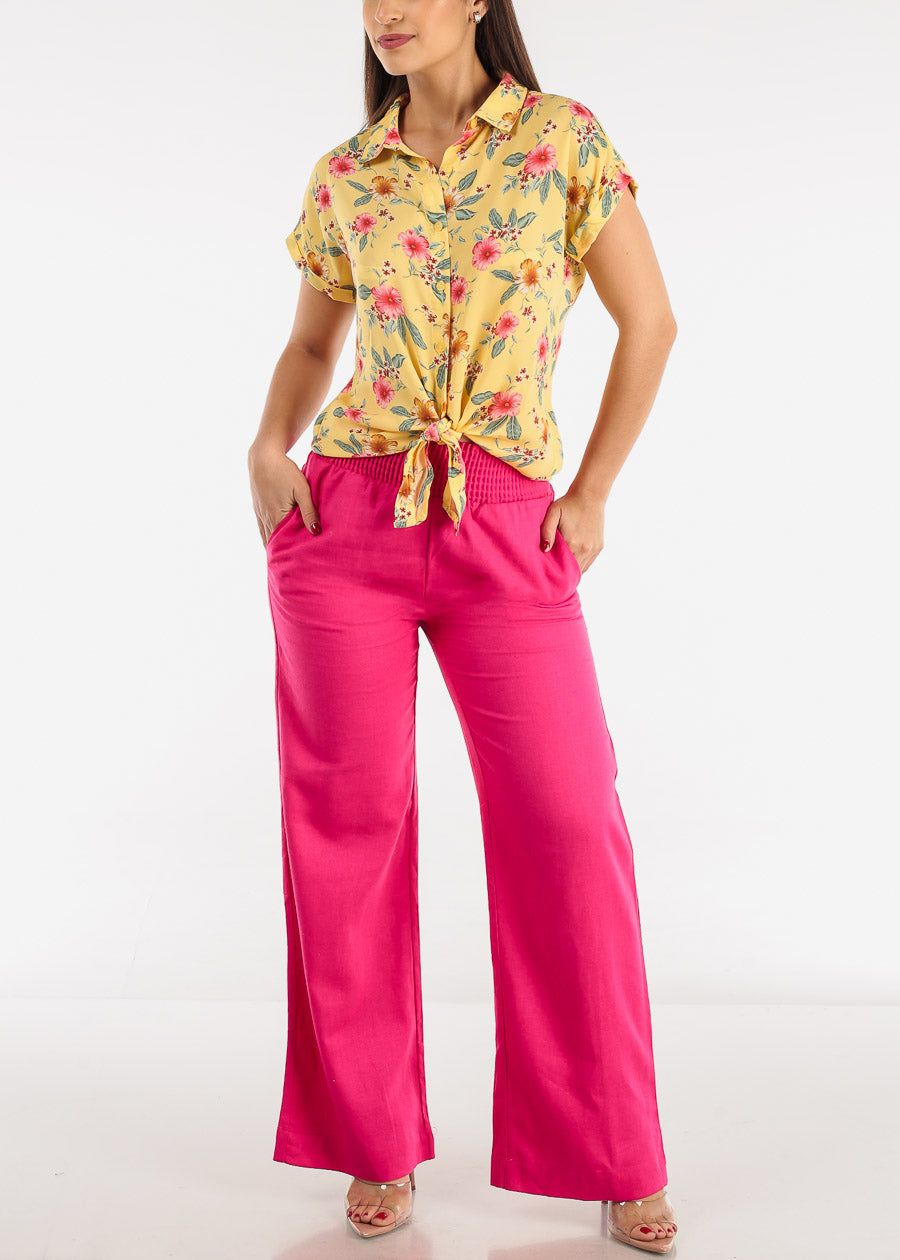 High Rise Spandex Waist Wide Leg Linen Pants Fuchsia sold by Moda product image thumbnail 2
