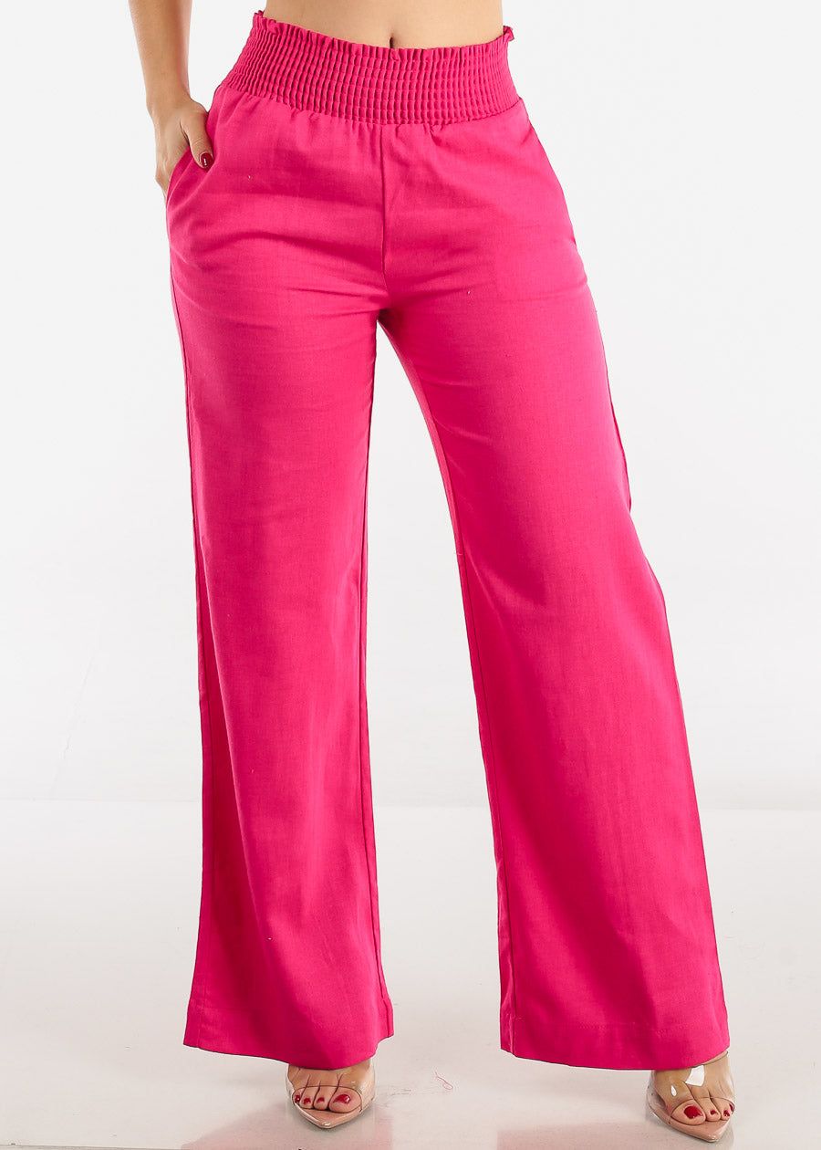 High Rise Spandex Waist Wide Leg Linen Pants Fuchsia sold by Moda