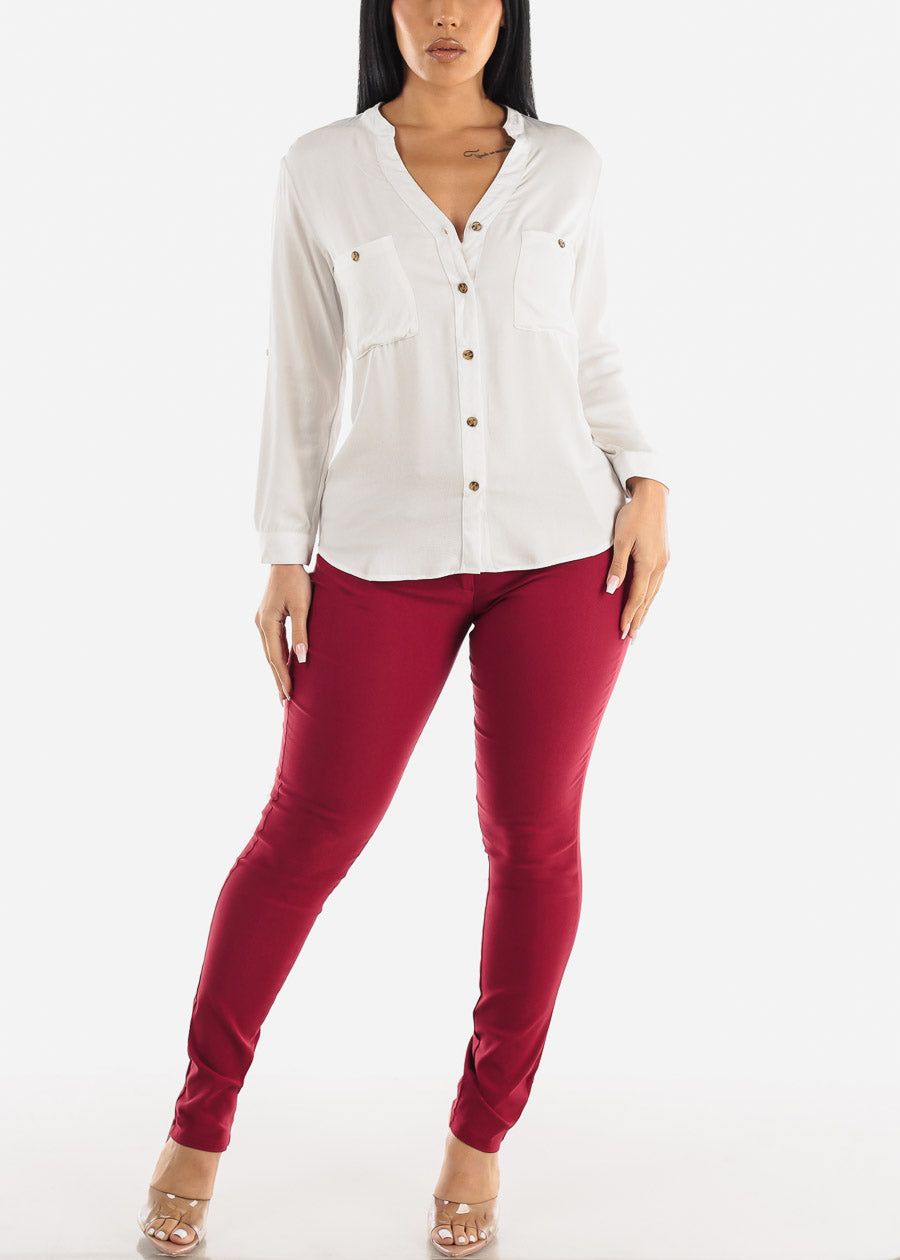 Vneck Long Sleeve Button Up Shirt White sold by Moda product image thumbnail 2