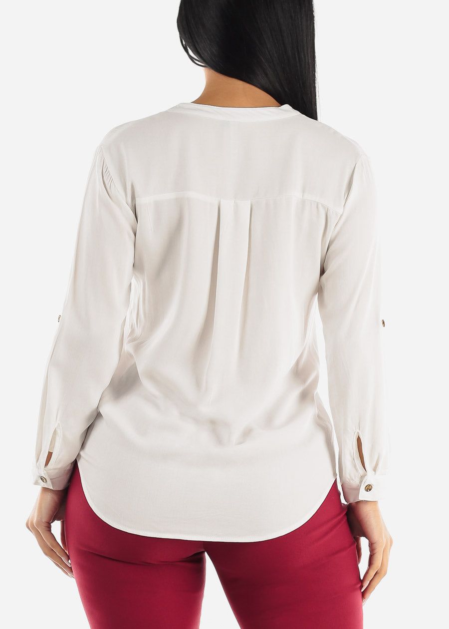 Vneck Long Sleeve Button Up Shirt White sold by Moda product image thumbnail 4