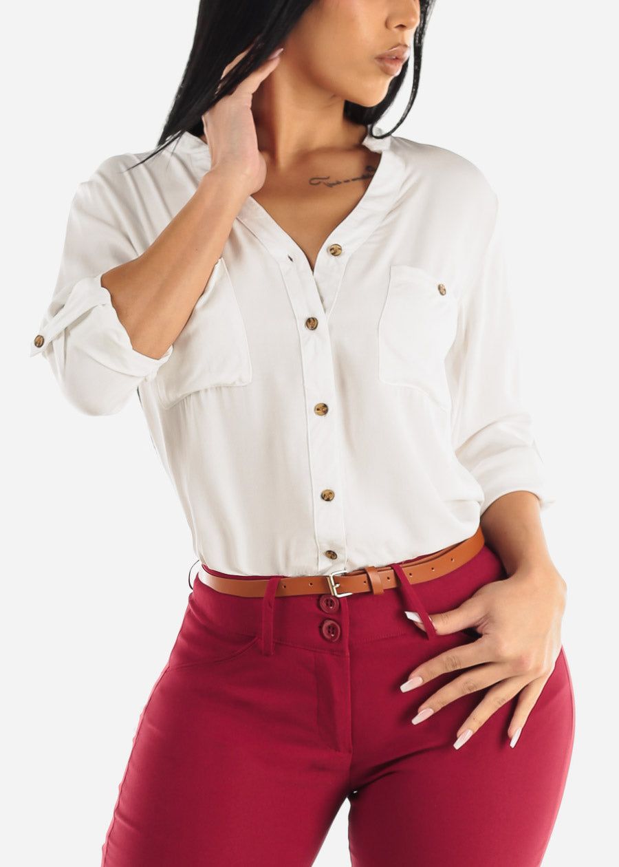 Vneck Long Sleeve Button Up Shirt White sold by Moda