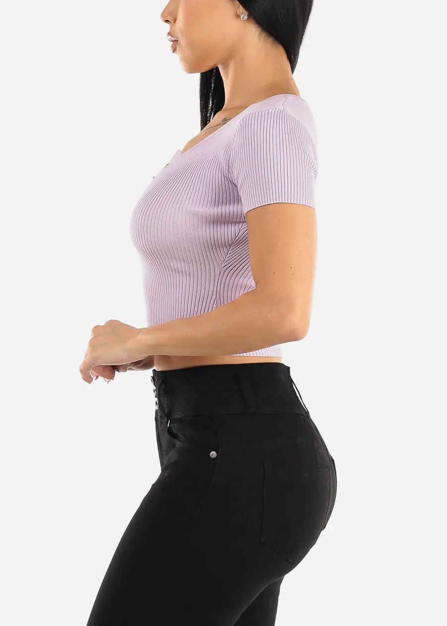 Stretchy Knit Short Sleeve Clasp Closure Crop Top Lilac sold by Moda product image thumbnail 5