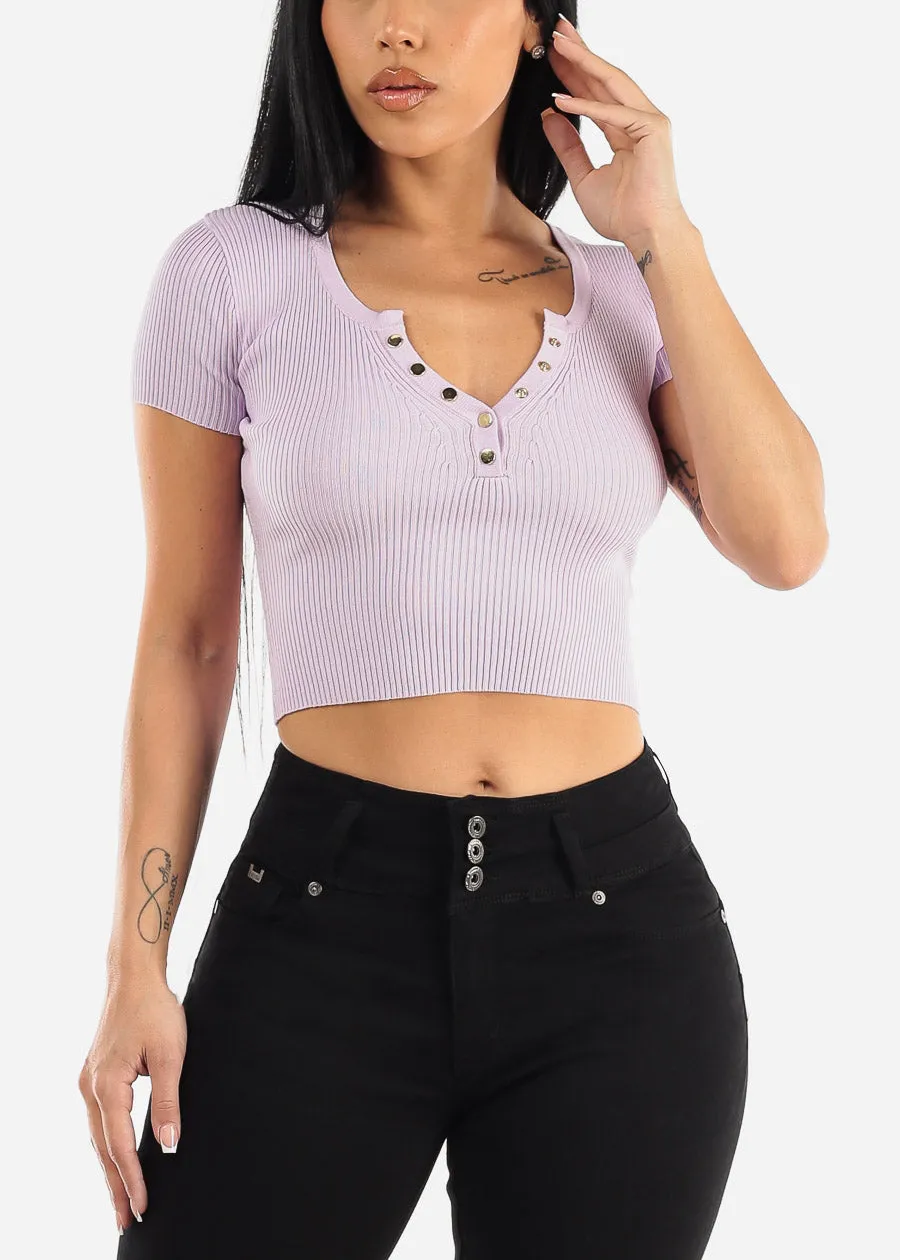 Stretchy Knit Short Sleeve Clasp Closure Crop Top Lilac sold by Moda product image thumbnail 3