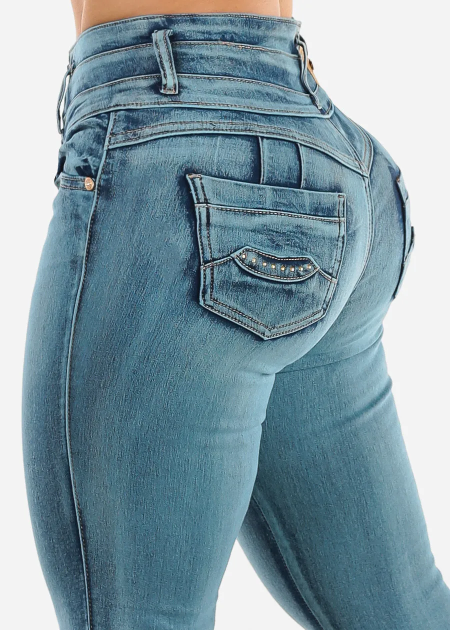 Butt Lift High Waist Skinny Jeans Light Teal sold by Moda