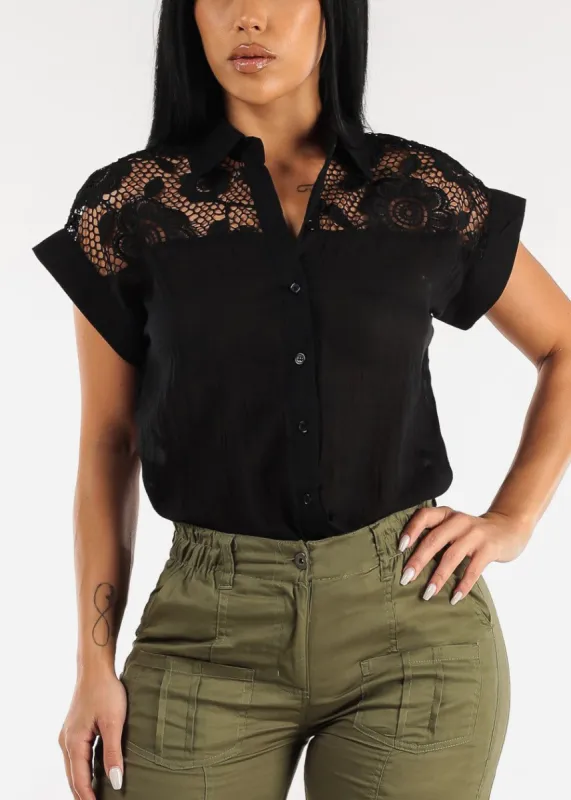 Black Short Sleeve Button Up Shirt w Crochet Trim sold by Moda