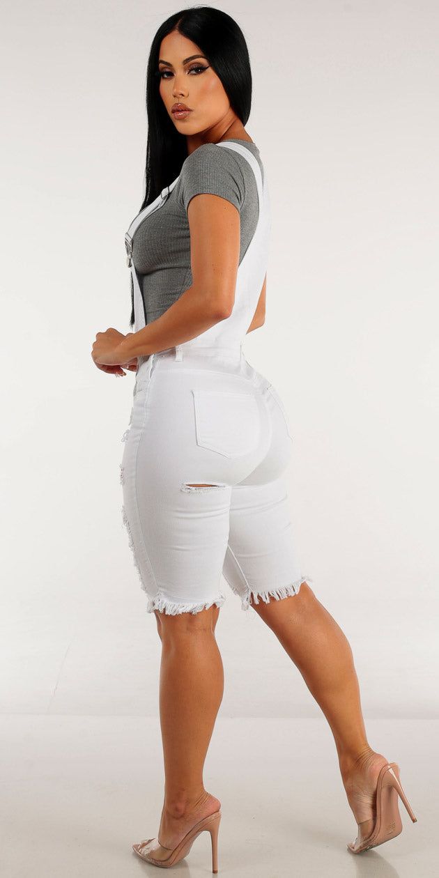 White Torn Denim Bermuda Overalls with Grey Vneck Short Sleeve Crop Top sold by Moda product image thumbnail 2