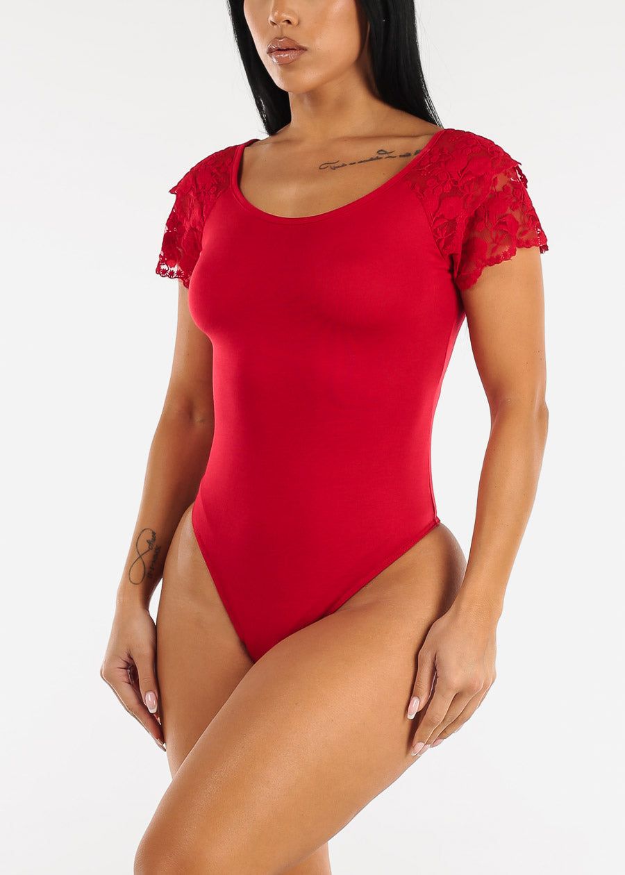 Red Lace Short Sleeve Thong Bodysuit sold by Moda