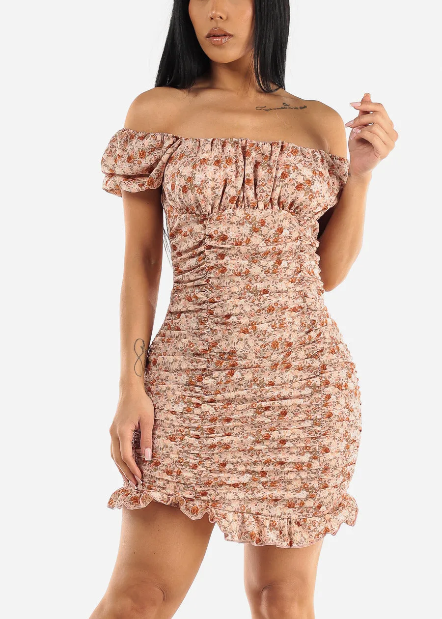 Off Shoulder Floral Ruched Bodycon Mini Dress Pink sold by Moda