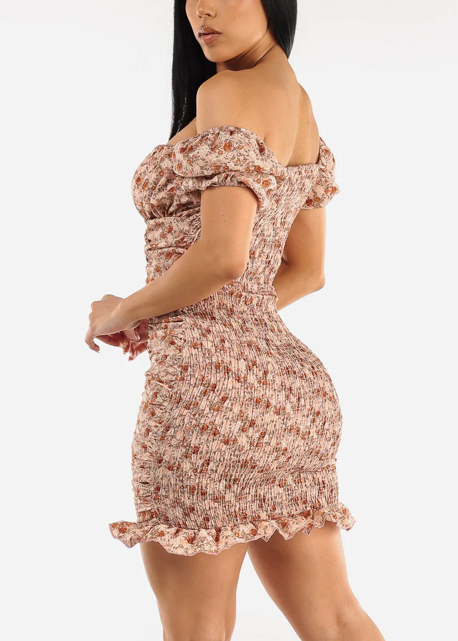 Off Shoulder Floral Ruched Bodycon Mini Dress Pink sold by Moda product image thumbnail 5