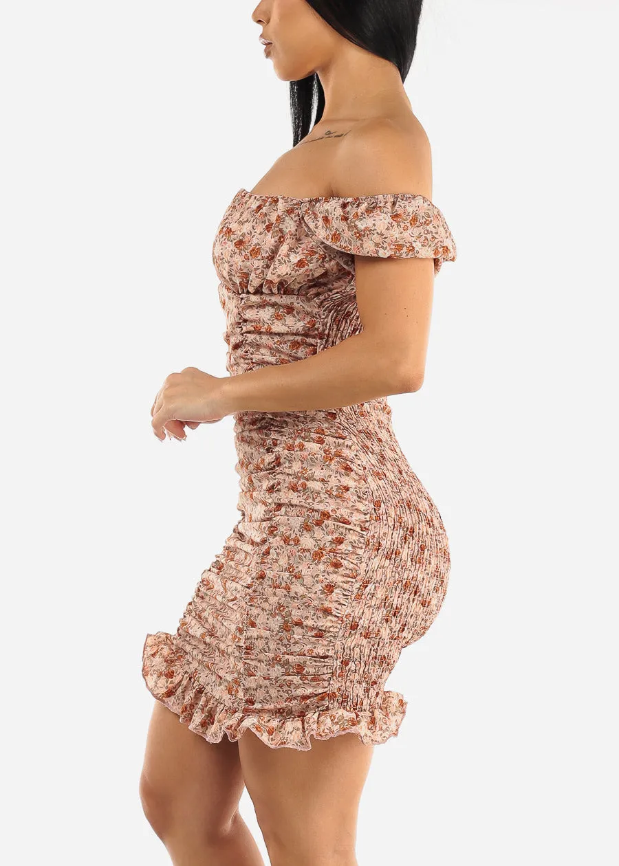 Off Shoulder Floral Ruched Bodycon Mini Dress Pink sold by Moda product image thumbnail 3