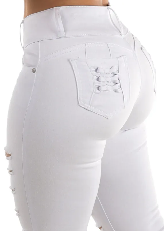 Butt Lifting White Distressed Skinny Jeans sold by Moda