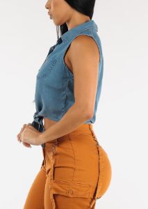 Sleeveless Tie Front Button Up Denim Shirt sold by Moda