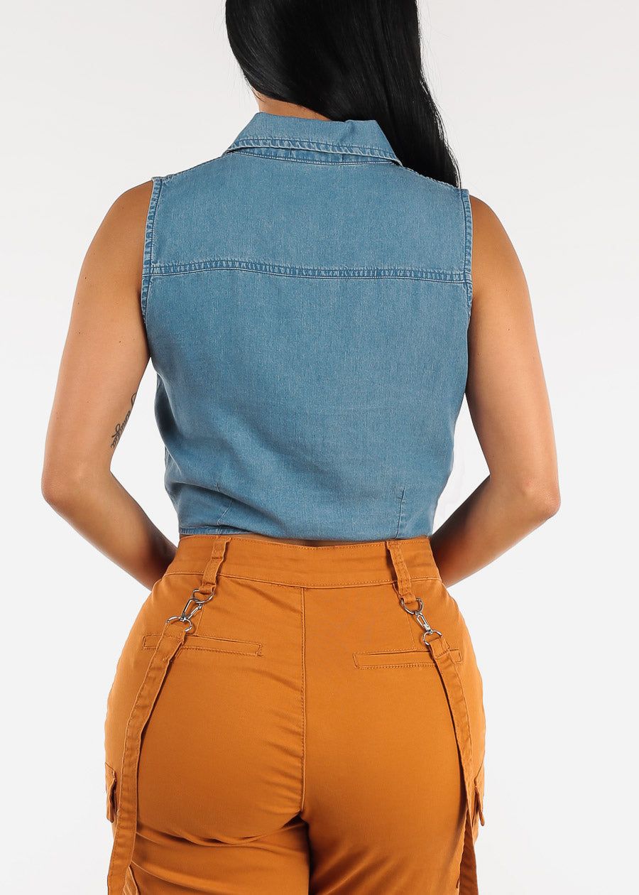 Sleeveless Tie Front Button Up Denim Shirt sold by Moda product image thumbnail 4