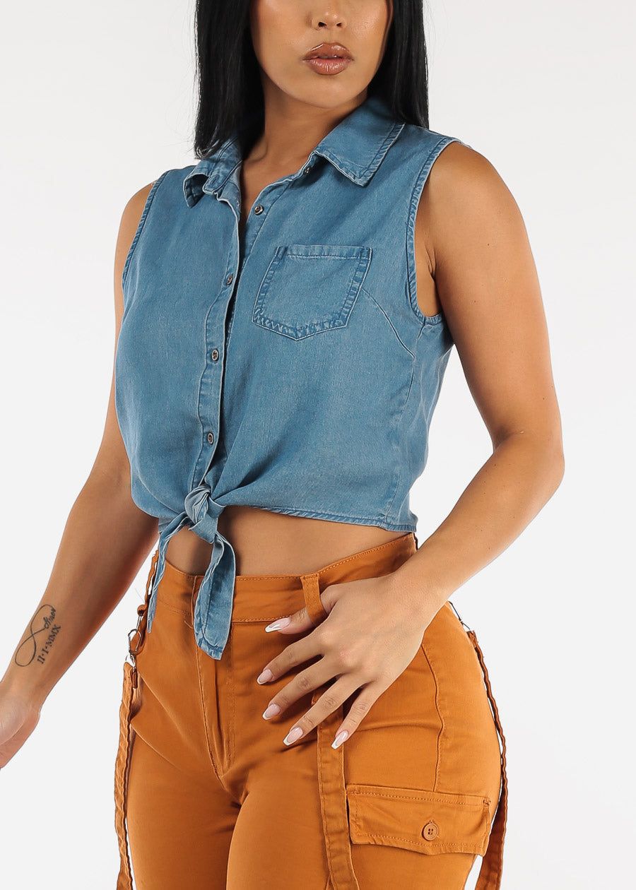 Sleeveless Tie Front Button Up Denim Shirt sold by Moda