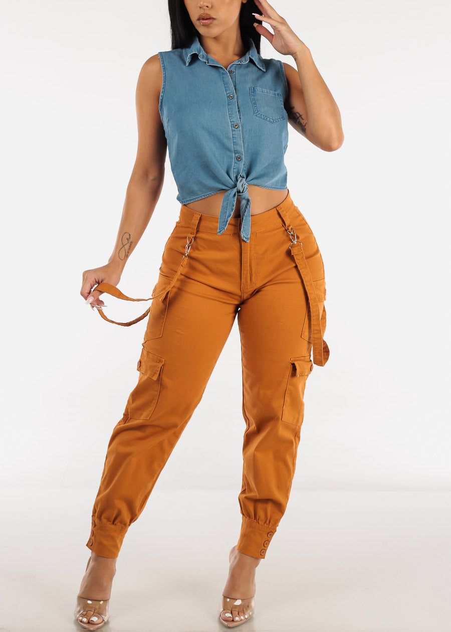 Sleeveless Tie Front Button Up Denim Shirt sold by Moda product image thumbnail 2