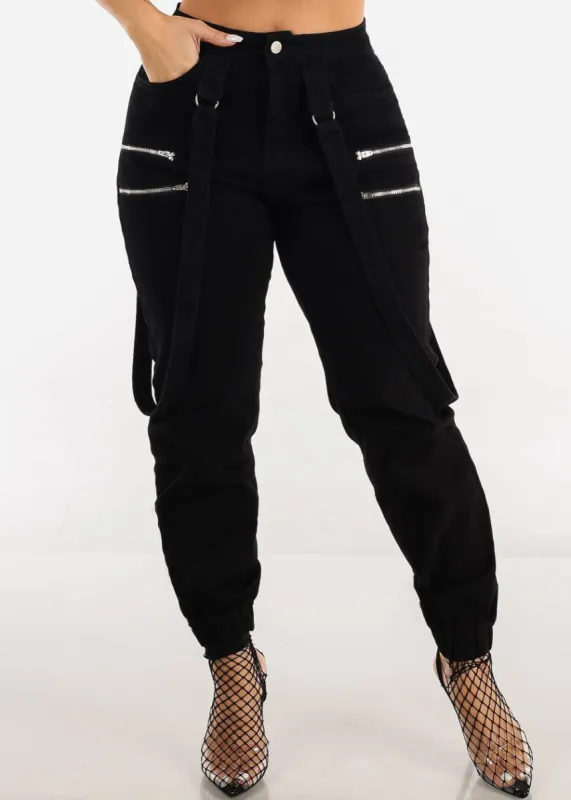 High Waisted Black Jogger Pants w Straps sold by Moda