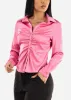Satin Long Sleeve Button Up Ruched Shirt Pink sold by Moda