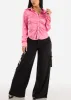 Satin Long Sleeve Button Up Ruched Shirt Pink sold by Moda