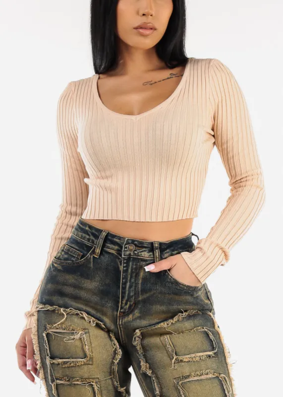 Long Sleeve Vneck Crop Sweater Light Pink sold by Moda