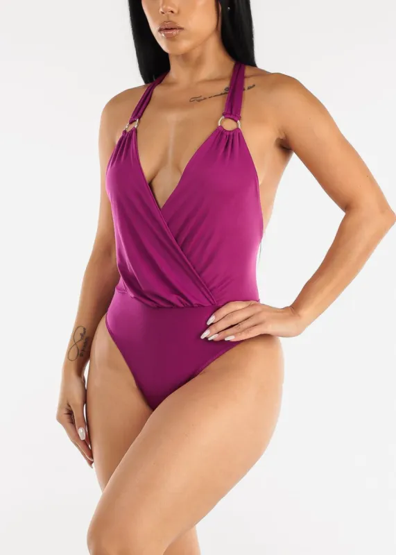 Sleeveless Surplice Thong Bodysuit Magenta sold by Moda