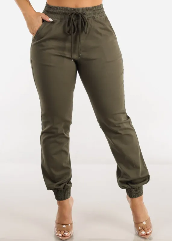 Drawstring Waist Twill Jogger Pants Olive sold by Moda