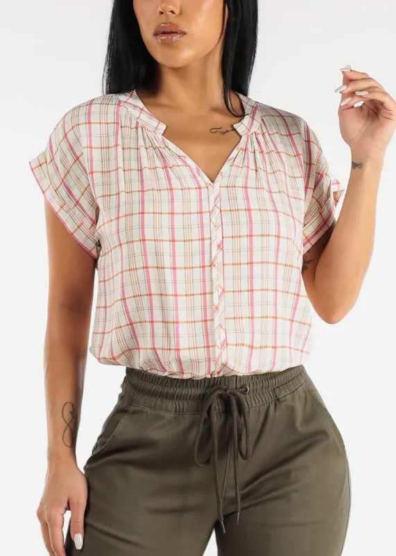 Cap Short Sleeve Button Down Plaid Top Ivory sold by Moda