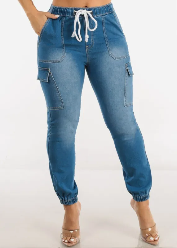 High Drawstring Waist Denim Cargo Joggers Med Blue sold by Moda