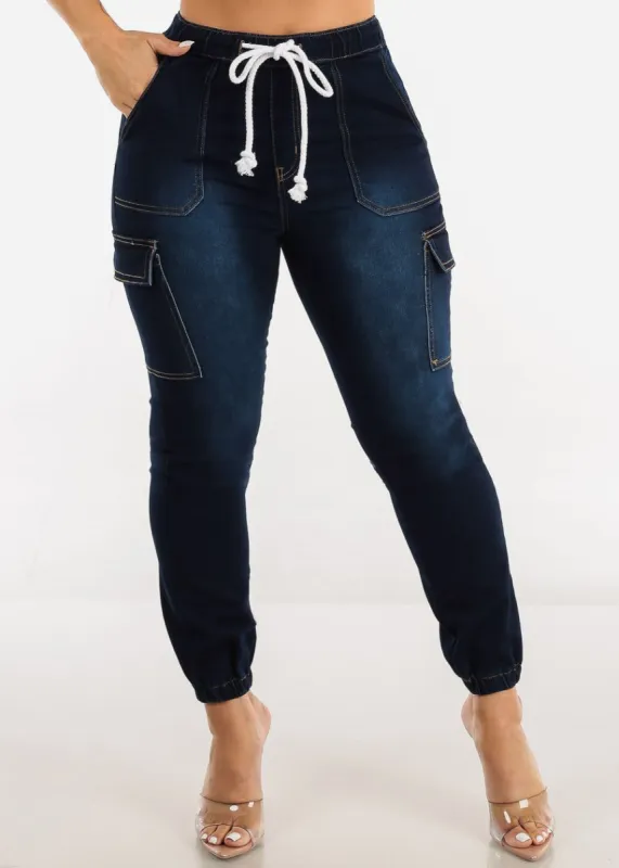 High Drawstring Waist Dark Denim Cargo Joggers sold by Moda