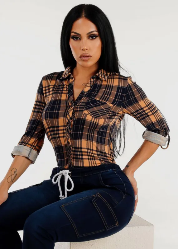 Button Down Long Sleeve Plaid Shirt Navy & Khaki sold by Moda