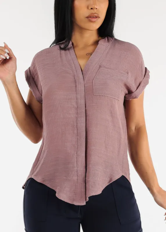 Cuffed Short Sleeve Button Up Shirt Dark Mauve w Back Slit sold by Moda