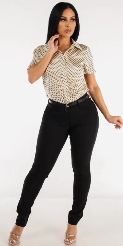 Black Mid Rise Straight Dress Pants with Satin Button Up Short Sleeve Printed Blouse sold by Moda