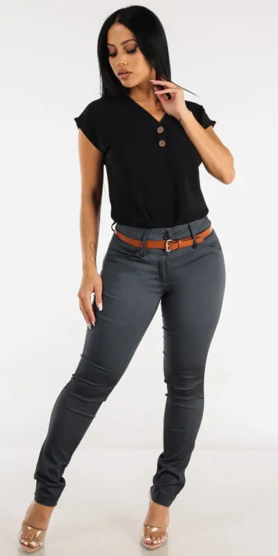 Belted Mid Rise Charcoal Dressy Skinny Pants with Vneck Short Sleeve Black Blouse sold by Moda