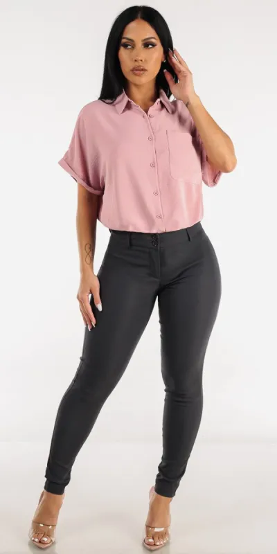 Charcoal Mid Rise Dressy Skinny Pants with Pink Button Up Short Sleeve Shirt sold by Moda