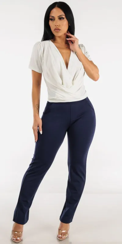 Slim Straight Navy Dress Pants with White Short Sleeve Surplice Blouse sold by Moda