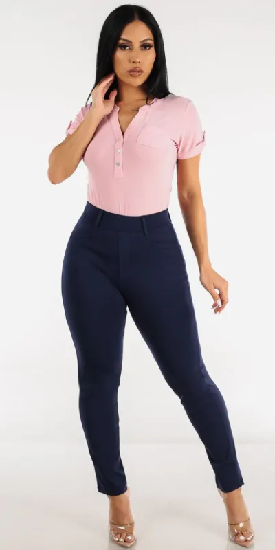 Navy High Waisted Straight Leg Dress Pants with Short Sleeve Half Button Up Pink Blouse sold by Moda