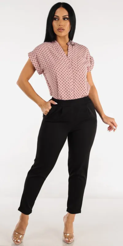 Pull On Black Ankle Dress Pants with Short Sleeve Pink Printed Button Up Shirt sold by Moda
