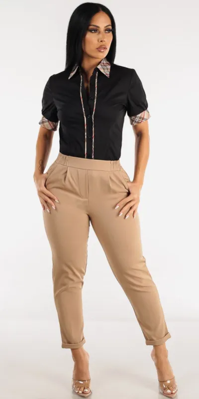 Pull On Khaki Ankle Dress Pants with Short Sleeve Black Button Up Shirt sold by Moda