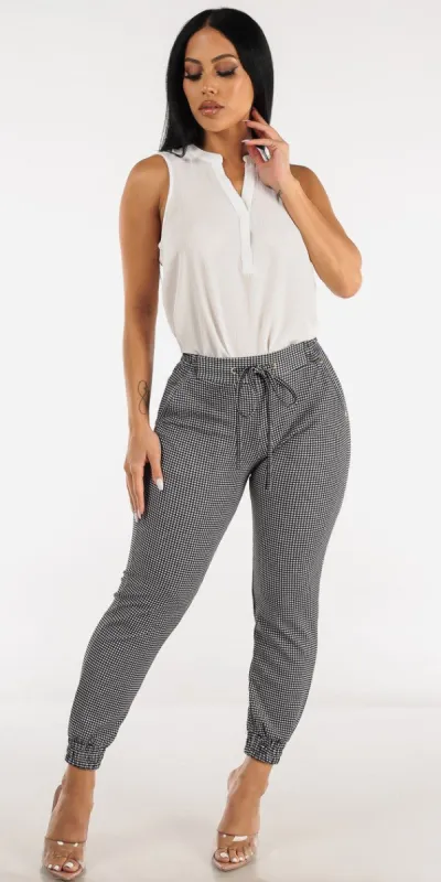 Drawstring Waist Black Printed Jogger Pants with Sleeveless Vneck White Blouse sold by Moda