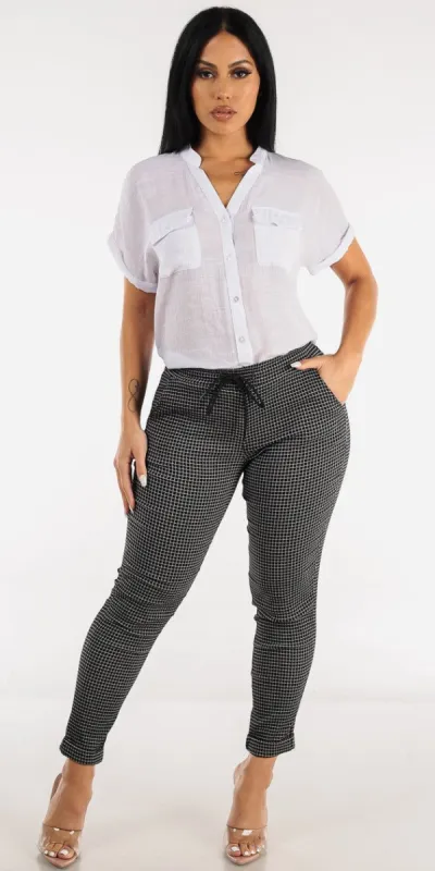 Drawstring Waist Printed Dressy Pants with Short Sleeve White Button Up Shirt sold by Moda