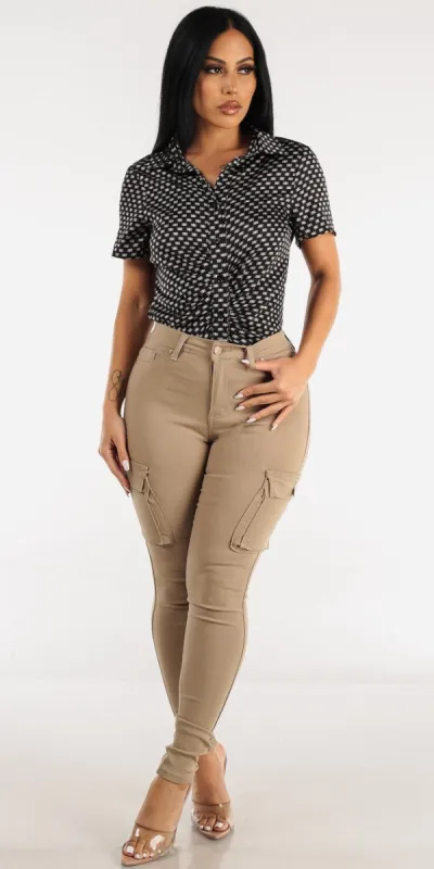 High Waisted Khaki Cargo Skinny Pants with Short Sleeve Black Printed Button Up Shirt made by Moda