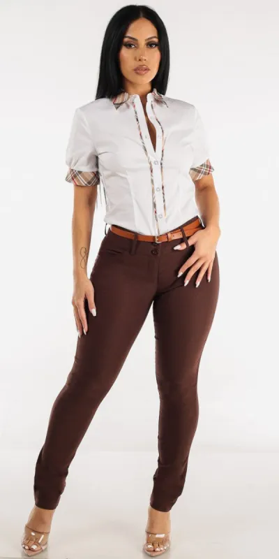 Brown Mid Rise Slim Straight Pants with White Button Up Short Sleeve Shirt sold by Moda